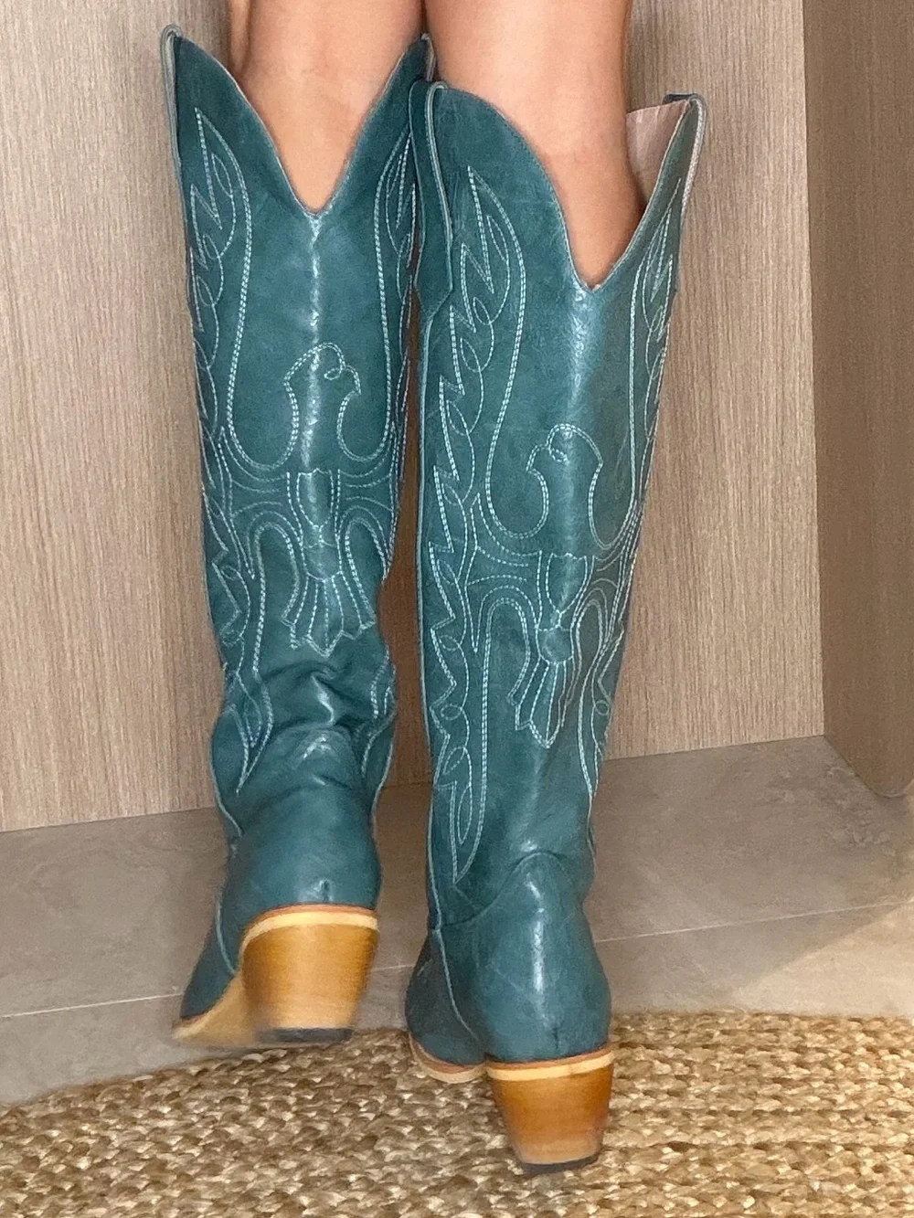 Teal Embroidered Knee-High Western Boots - Women